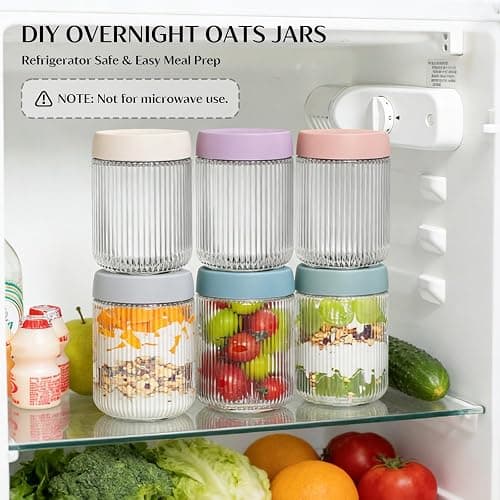 INSETLAN 16oz Glass Overnight Oats Containers with Lids, 6-Pack Mason Jars | Ribbed Glass Mason Jars for Meal Prep, Food Storage Containers for Chia Pudding, Yogurt, Snacks, Fruit & Vegetables, Milk thumbnail 5