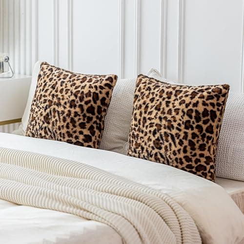 Soft Leopard Print Throw Pillow Covers 18x18 Set of 2, Cheetah Print Room Decor Faux Fur Fluffy Throw Pillows 18 x 18, Velvet Fuzzy Decorative Pillow Covers, Stockholm Style Room Decor for Women thumbnail 6