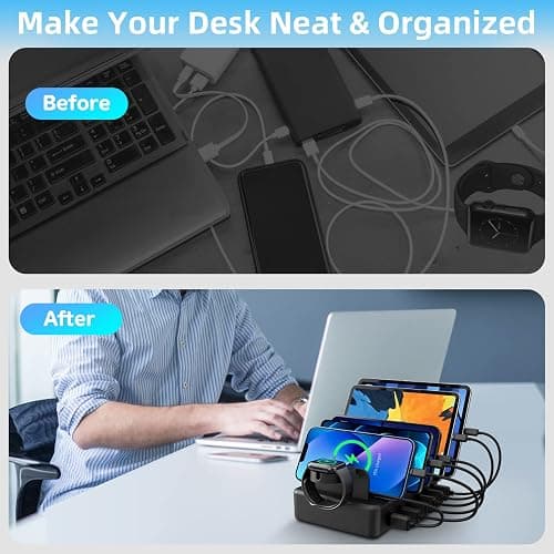 Charging Station for Multiple Devices, CREATIVE DESIGN 50W 6 Ports USB Charger Station with Apple Watch Holder & 6 Cables, Charging Dock for iPad Cellphone Kindle Tablet and Other Electronic (Black) thumbnail 2