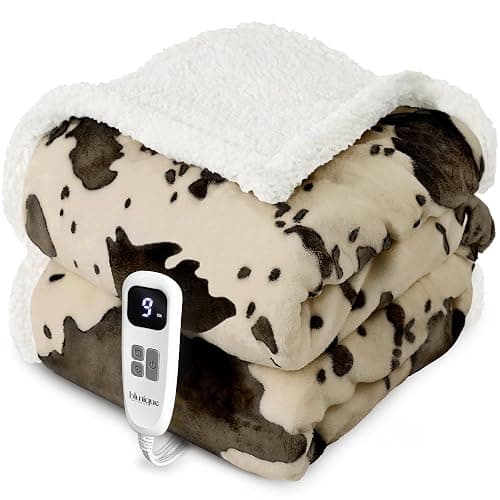blunique Cow Print Heated Throw Blanket Electric Blanket-Heating Blanket Throw with 10 Heat Levels & 10 Hours Auto-Off, Cozy Soft Fleece Sherpa, Washable, 50 x 60 Inches Cow Print Light Brown - Image 1