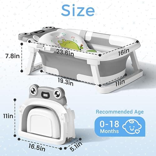 Baby Bathtub, Collapsible Newborn Bathtub for Infant to Toddler 0-24 Months with Soft Cushion and Thermometer,Portable Travel Newborn Tub with No-Slip Feet, Baby Shower Gifts,Grey thumbnail 2