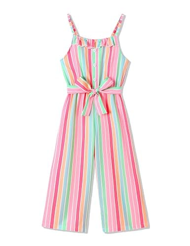 Crazyme Girls Jumpsuit Striped Sleeveless Girl Casual Rompers Suspender Wide Leg Pants with Belt Jumpsuit for Girls 4-13Y - Image 1