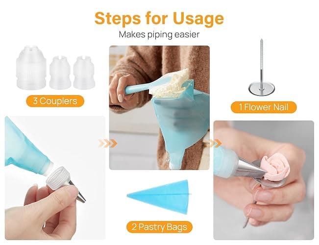 Kootek 54 in 1 Piping Bags and Tips Set with 13 Large Size Piping Tips, 35 Standard Size Icing Tips, 2 Reusable Pastry Bags 12 Inch, Cake Decorating Kit Supplies, Frosting Piping Kit for Cake, Cupcake thumbnail 6