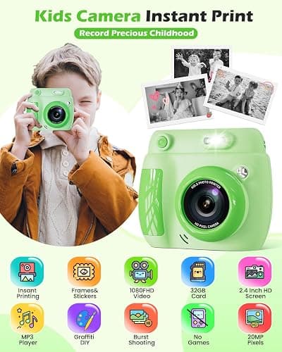 Kids Camera Instant Print - Christmas Birthday Gifts for Girls Boys Age 3-12, 1080P Video Digital Camera with 3 Rolls Printing Paper, Toddler Travel Toy Camera for 4 5 6 7 8 9 10 11 Year Old - Green thumbnail 2
