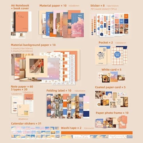 348 Pcs Scrapbooking Supplies Kit, Vintage Aesthetic Scrapbook Kit for Bullet Junk Journal, Stationery, A6 Grid Notebook, DIY Journaling Supplies, Birthday Craft Gift for Teen Girl Kid Women thumbnail 2