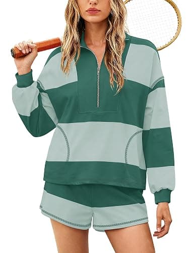 Yanekop Womens Oversized Striped Set Matching Workout Sets Lounge Sets 2 Piece Outfits Half Zip Pullover and Shorts Set - Image 1