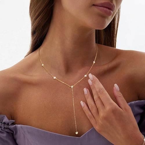 Fwlisesa Gold Necklace for Women, Dainty Gold Long Necklaces 14k Gold Plated Prom Bar CZ Lariat Necklace Simple Choker Necklaces for Women Trendy Boho Fashion Costume Jewelry Womens thumbnail 6