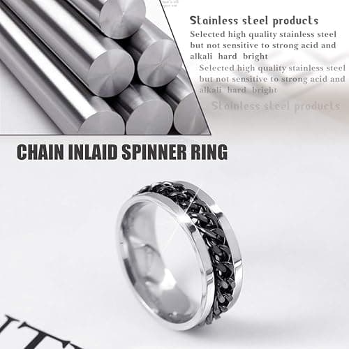 EIELO 9Pcs Stainless Steel Band Rings for Men Women Cool Fidget Spinning Chain Ring Anxiety Relief Fashion Simple Wedding Engagement Black Ring Set thumbnail 4