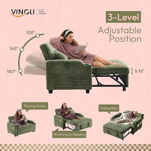 VINGLI Green Futon Sofa Bed Convertible Loveseat Sleeper Sofa Couch, Corduroy Pullout Sofa Fold Out Couch Bed with USB Ports, Cup Holders, Armrest for Living Room, Bedroom Apartment Room thumbnail 4
