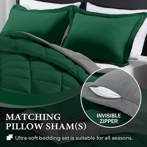 downluxe King Size Comforter Set - Dark Green and Grey King Comforter, Soft Bedding Sets for All Seasons -3 Pieces - 1 Comforter (104"x92") and 2 Pillow Shams(20"x36") thumbnail 3