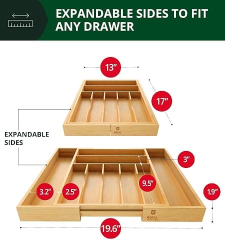 ROYAL CRAFT WOOD Luxury Bamboo Kitchen Drawer Organizer - Silverware Organizer, Utensil Holder & Cutlery Tray Drawer Dividers for Flatware (9 Slot, Natural) thumbnail 2