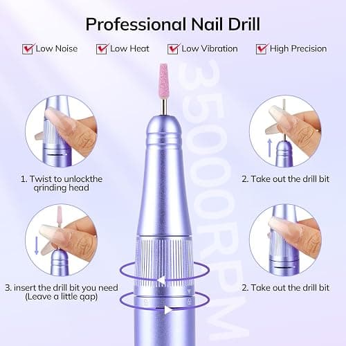 Lavinda Professional Nail Drill 35000 RPM, Cordless Electric Nail File Efile for Acrylic and Gel Nails, Manicure Pedicure Polishing Tool for Salon and Home Use (Purple) thumbnail 7