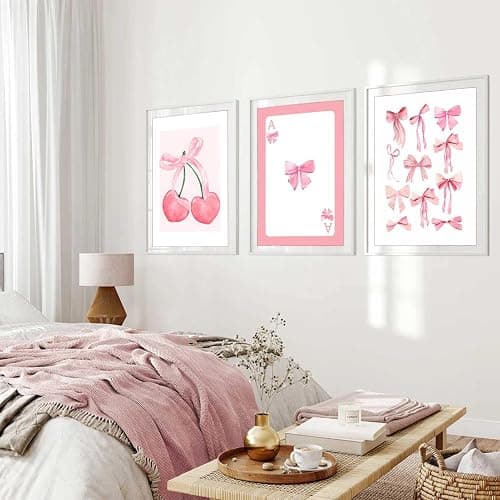 3Pcs Trendy Pink Bows Wall Art Preppy Watercolor Bows Canvas Posters Prints Girly Aesthetic Wall Decor Pictures for College Apartment Bedroom Decoration, Unframed 12x16in thumbnail 8
