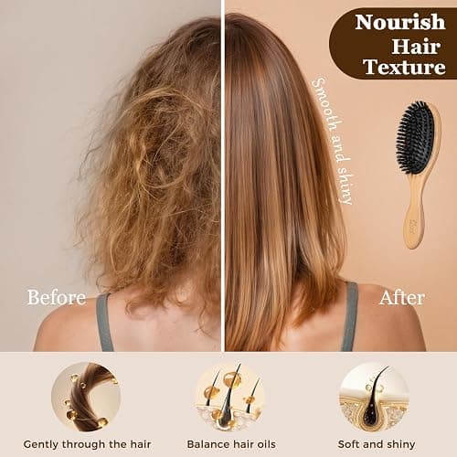 BLACK EGG Boar Bristle Hair Brush for Women Men Kid, Soft Natural Bristles Brush for Thin and Fine Hair, Restore Shine and Texture, Set includes Bamboo comb and 3 hair ties, Excellent Gift Idea thumbnail 3
