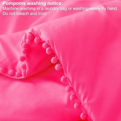 Exclusivo Mezcla Boho Pom Pom Ball Fringe Queen Comforter Set, 3 Piece Hot Pink Lightweight Down Alternative Bedding Comforter Sets for All Seasons - Hot Pink - Queen (90"x90") thumbnail 5