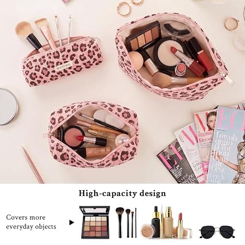 Makeup Bag Set，3 Pcs Initial Makeup Bag, Corduroy Cosmetic Bag with Zipper Closure，Cute Make Up Bag Purses Pouch Travel Toiletry Bag for Women Girls Friend Personalized Gifts (Pink Leopard Print) thumbnail 4