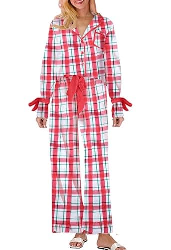 KMBANGI Women Santa Bow Tie Pajama Set Christmas Long Sleeve Shirt Pants Pj Silky Satin Graphic 2Piece Holiday Sleepwear - Image 1