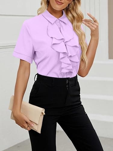 Vrtige Women's Ruffle Front Collar Neck Button Down Short Sleeve Blouse Shirt Top thumbnail 2