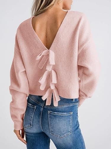 Saodimallsu Womens Bow Sweater Cropped V Neck Long Sleeve Fall Cozy Knit Loose Trendy Pullover Sweaters thumbnail 5