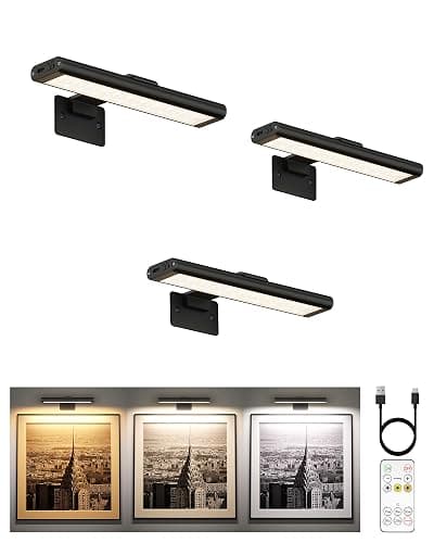 EZVALO Picture Light for Wall, Rechargeable 2400mAh Battery Lights Wireless with IR Remote, 3 Color & Dimmable Magnetic 7.8'' LED Lights Display for Painting, Living Room, Gallery, Bedroom(Black-3P) - Image 1