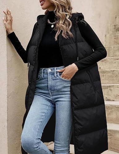 Lingswallow Long Puffer Vest Women Quilted Hooded Vests Outerwear Sleeveless Zip Up Coat Jackets With Pockets thumbnail 4