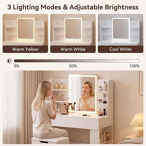 YESHOMY 35.4 Inch Vanity Desk Set with LED Mirror and Lights, Modern White | Makeup Vanity Set with 2 Drawers, Side Shelves, Storage Bench, Open Shelves and 3 Color Lighting Modes thumbnail 5