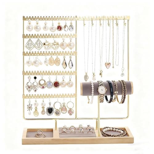 YDEVERLIN Bracelet Display Stand Necklaces Holder, 5 Tiers Jewelry Organizer and Storage Rack with Velvet Slot and Wooden Base, for Women Bangles Watches Ring Earrings (Golden 1) thumbnail 3