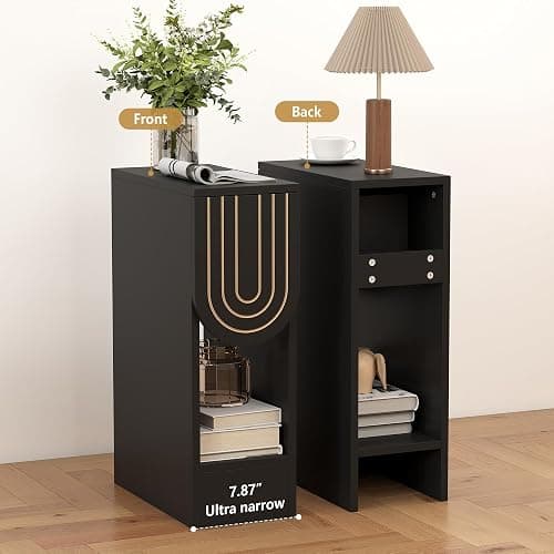weselon Narrow Nightstands Set of 2, Black Bedside Table with Carved Drawer and Storage Shelf, Mid-Century Modern Slim Side End Table for Bedroom Compact Space, Wooden Small Night Stand (2, Black) thumbnail 7
