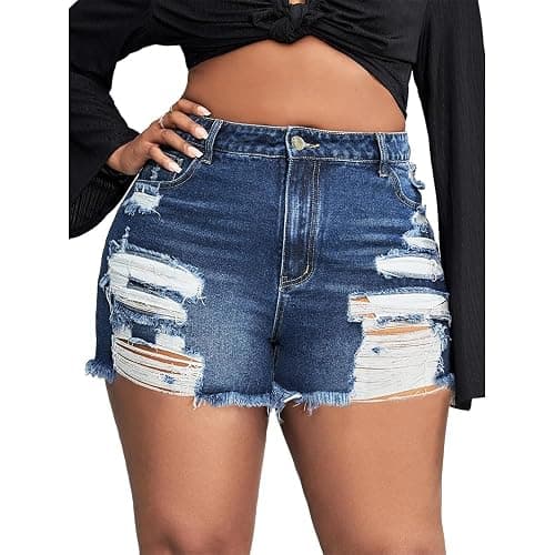 MapleHub Plus Size Denim Shorts Women High Waisted Ripped Folded Hem Jean Shorts thumbnail 4