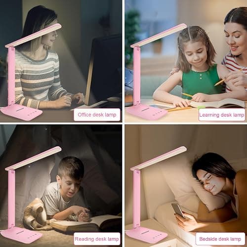 White crown LED Desk Lamp Dimmable Table Lamp Reading Lamp with USB Charging Port, 5 Lighting Modes, Sensitive Control, 30/60 Minutes Timer (Pink, First-Generation) thumbnail 6