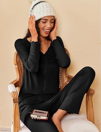 Ekouaer Womens 2 Pack Pajama Set Long Sleeve Pajamas Top and Pants V Neck Pjs Set Soft Sleepwear Loungewear thumbnail 2