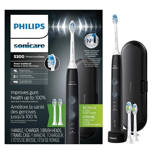 Philips Sonicare ProtectiveClean 5300 Rechargeable Electric Toothbrush, with Pressure Sensor, 3 Cleaning Modes, SmarTimer and QuadPacer, with 2 Bonus Brush Heads, Travel Case, Black, Model HX6423/34 - Image 1