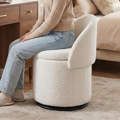 LukeAlon Sherpa Makeup Ottoman with Storage, Upholstered 360° Swivel Vanity Stool with Foldable Backrest Modern Cylindrical Footrest Stool for Living Room Bedroom, White - Image 1