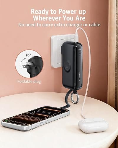 RORRY Flow Portable Charger 10000mAh 40W Wall Plug Power Bank Battery Pack | Built-in USB-C Cable, Keychain Design, Fast Charging, for iPhone 18 Pro/17/16/15, Apple Watch, iPad, Travel Essential thumbnail 7