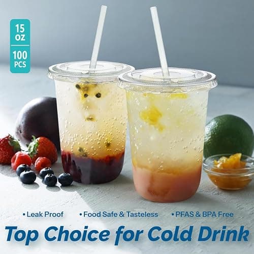 Homestockplus 15 oz Clear PET Plastic Cups with Lids and Straws - 100 Pack Leak-Proof Disposable Plastic Coffee Cups Iced Coffee Cups for Smoothies, Bubble Tea & To-Go Cold Drinks thumbnail 3