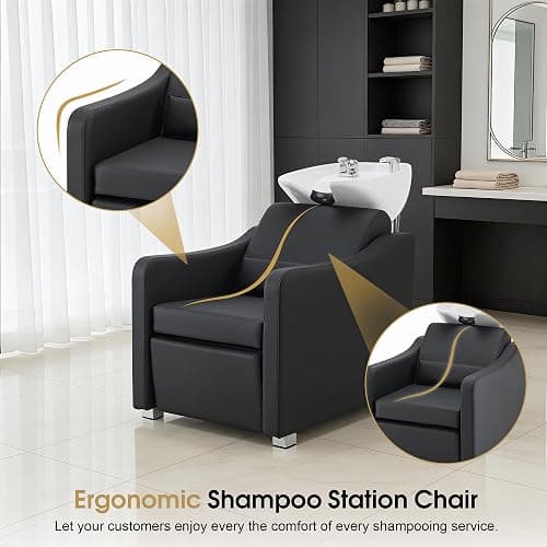 BarberPub Backwash Shampoo Station Chair, Adjustable Porcelain Ceramic Hair Wash Bowl with Chair, Shampoo Station for Barber Shop, Spa Beauty Salon Equipment 9364 (Black) thumbnail 6