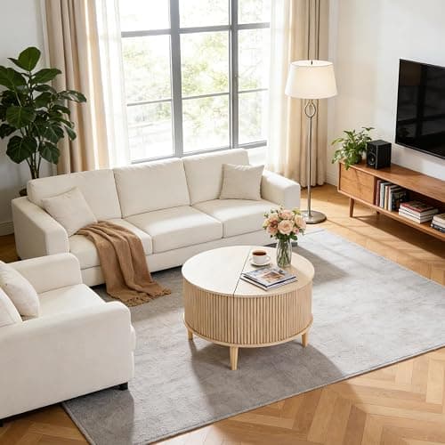 DUMOS Coffee Table, Round Coffee Tables with Storage, Fluted Center Table for Living Room, 31.69" Mid Century Modern Table with Sliding Cabinet Door, 2-Tier Rustic Wood Desktop, Wood thumbnail 8