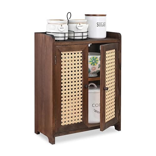 Ikee Design Wood Storage Cabinet with Rattan Doors, with Removable Shelves | COUNTERTOP ORGANIZER: Wooden cabinet with magnetic rattan doors and removable shelves for coffee, cups and pantry items. - Image 1