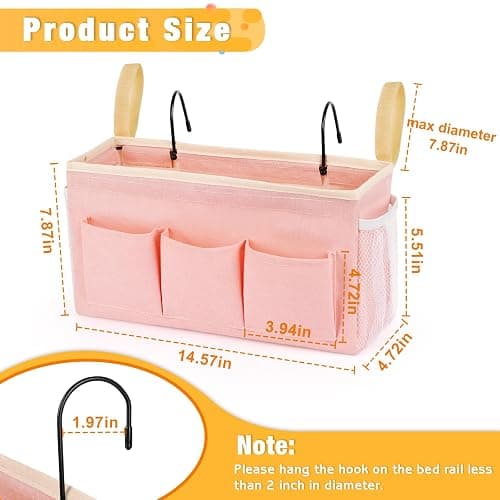 Lilithye Bedside Caddy Bedside Organizer Bedside Storage Caddy with Fixed Straps and Water Bottle Holder for Home College Dorm Bunk Bed Hospital Bed Crib Bed Rails (2pcs Pink) thumbnail 2