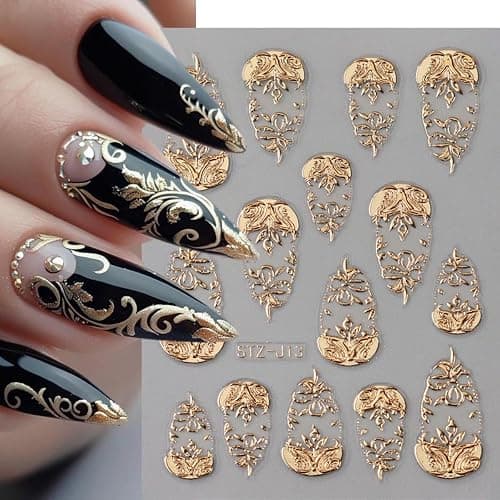 Gold Nail Art Stickers 3D Self-Adhesive Golden Foil Leaf Nail Decals Nail Art Supplies 3PCS Metallic Totem Leaves Summer Nails Design Embossed Sticker Manicure Sliders for Women DIY Nail Decorations thumbnail 2