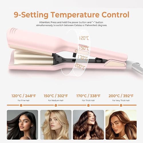 Curling Iron Hair Crimper Waver, Beach Waves Curling Wand, Waver Hair Tool, Double Voltage, Easy to Use, Pink, 1.25 Inch with UK/EU Plug thumbnail 6