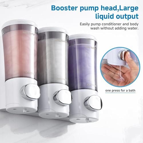 Shampoo and Conditioner Dispenser No Drill Shower Soap Dispenser Wall Mounted Shower Dispenser 3 Chamber with Upgrade Smooth Pump Head Bathroom Body Wash Soap Dispenser Set 450ml*3 White thumbnail 4