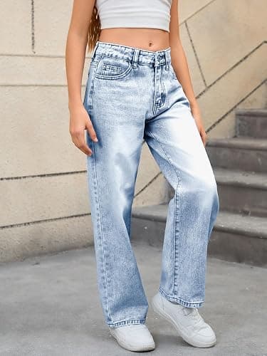 MakeMeChic Girl's Denim Pants High Waisted Straight Leg Jeans with Pockets thumbnail 3