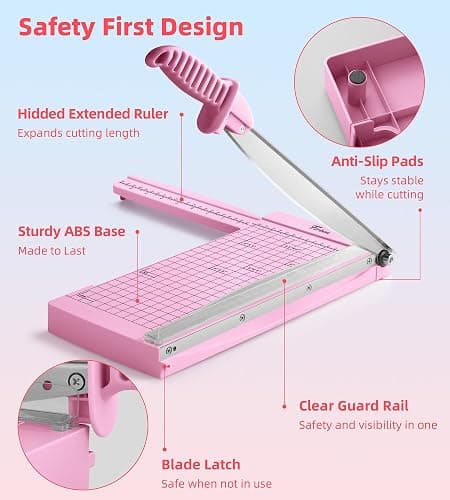 Firbon 12" Guillotine Paper Cutter with Hidden Ruler, Compact Heavy Duty 12-Sheet Capacity Trimmer for Cardstock, Photos, Scrapbooking, Office, Classroom, Studio (Pink) thumbnail 6