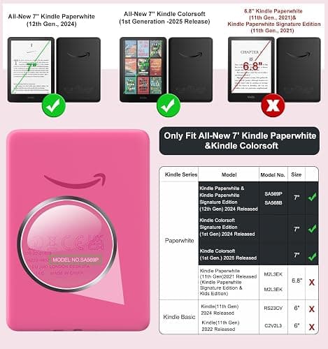 MoKo 360° Rotating Case for 7" Kindle Paperwhite 12th Generation 2024 & Kindle Colorsoft 2024/2025, Clear Back Detachable Magnetic Protective Adjustable Stand Cover with Auto Wake/Sleep, Spring Pink thumbnail 2