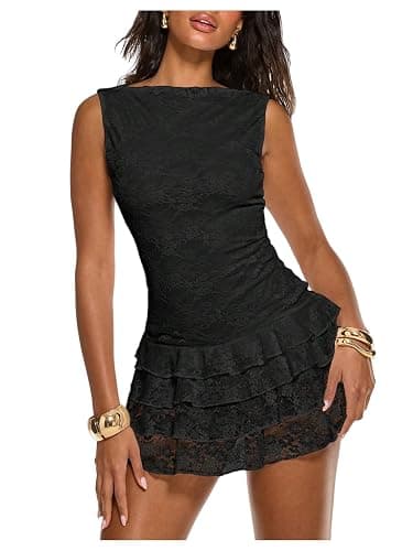 Floerns Women's Western Tank Dress Sleeveless Lace Layered Hem Cowboy Music Festival Mini Dresses Without Belt - Image 1