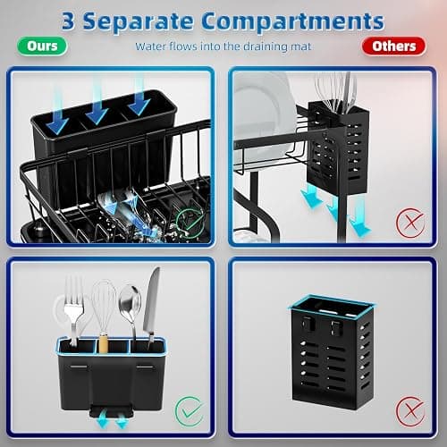 GAOKASE Dish Drying Rack, Stainless Steel Space-Saving Dish Rack, Dish Racks for Kitchen Counter, Kitchen Dish Drainers with Removable Utensil Holder,New Drain Outlet,Plate Rack and Drainboard, Black thumbnail 6