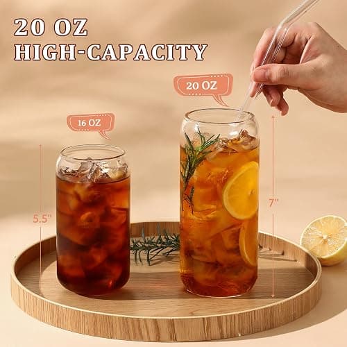 VITEVER 20 OZ Glass Cups with Bamboo Lids and Glass Straw - Beer Shaped Drinking Glasses Set, Iced Coffee Glasses, Cute Tumbler Cup, Aesthetic Coffee Bar Accessories, Gift - 2 Pack thumbnail 3