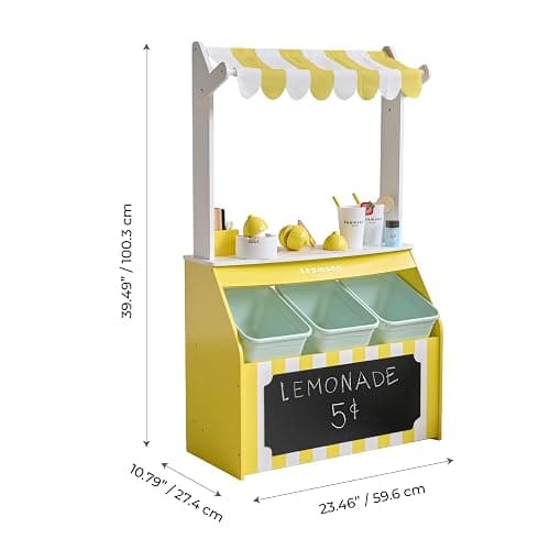 Teamson Kids Wooden Lemonade Stand, Yellow White, Age 3+ | For Toddlers, Pretend Play Grocery Shop, 18 Accessories, Juice Squeezer, Storage Bins thumbnail 3