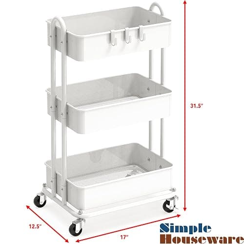 SimpleHouseware 3-Tier Kitchen Cart Metal Utility Rolling Cart, White thumbnail 3